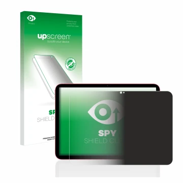 Parte frontal de un envase de producto con el logotipo de la marca upscreen. Al lado se muestra el dispositivo Apple iPad 10.9