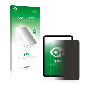 Parte frontal de un envase de producto con el logotipo de la marca upscreen. Al lado se muestra el dispositivo Apple iPad 10.9