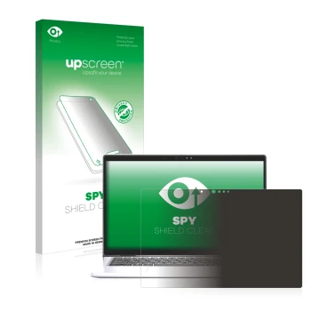 Parte frontal de un envase de producto con el logotipo de la marca upscreen. Al lado se muestra el dispositivo Dell Latitude 7