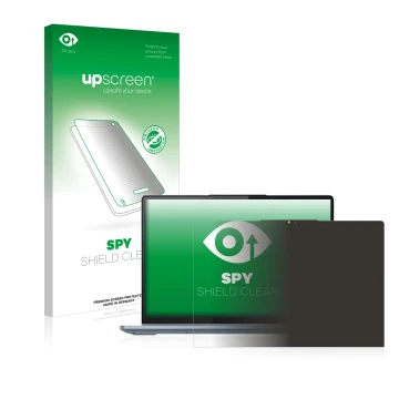 Parte frontal de un envase de producto con el logotipo de la marca upscreen. Al lado se muestra el dispositivo Lenovo IdeaPad 