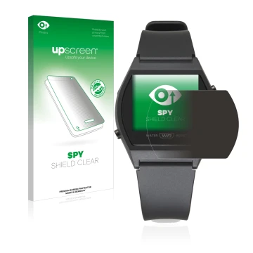 Parte frontal de un envase de producto con el logotipo de la marca upscreen. Al lado se muestra el dispositivo Casio LW-204-1B