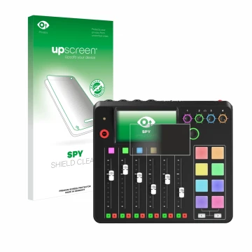 Parte frontal de un envase de producto con el logotipo de la marca upscreen. Al lado se muestra el dispositivo Rode Rodecaster