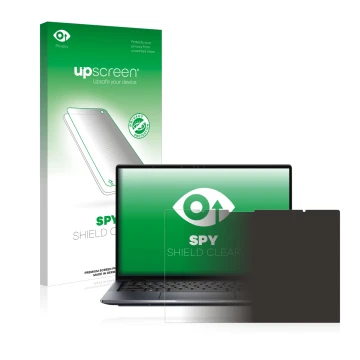 Parte frontal de un envase de producto con el logotipo de la marca upscreen. Al lado se muestra el dispositivo Dell Latitude 9