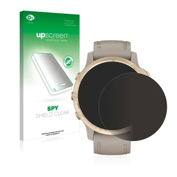 Parte frontal de un envase de producto con el logotipo de la marca upscreen. Al lado se muestra el dispositivo Garmin Fenix 6S