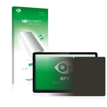 Parte frontal de un envase de producto con el logotipo de la marca upscreen. Al lado se muestra el dispositivo realme Pad 10.4