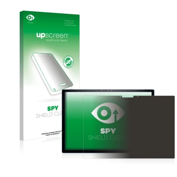 Parte frontal de un envase de producto con el logotipo de la marca upscreen. Al lado se muestra el dispositivo Dell XPS 13 931