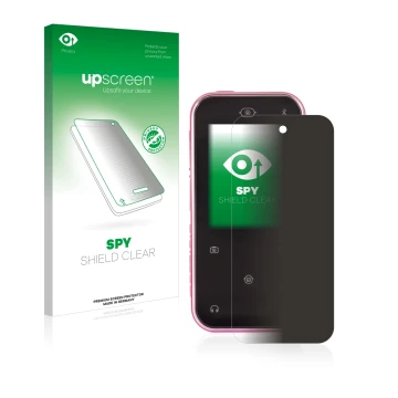 Parte frontal de un envase de producto con el logotipo de la marca upscreen. Al lado se muestra el dispositivo Vtech Kidizoom 