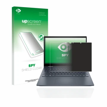 Parte frontal de un envase de producto con el logotipo de la marca upscreen. Al lado se muestra el dispositivo HP Envy x360 13
