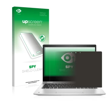 Parte frontal de un envase de producto con el logotipo de la marca upscreen. Al lado se muestra el dispositivo HP ProBook x360