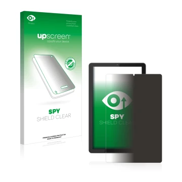 Parte frontal de un envase de producto con el logotipo de la marca upscreen. Al lado se muestra el dispositivo Lenovo Tab M9 c