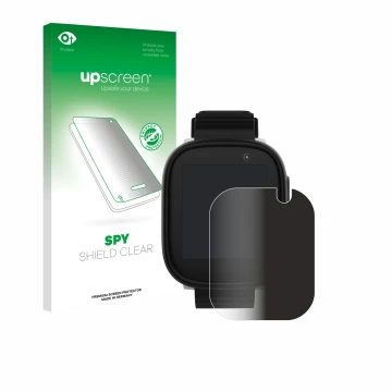 Parte frontal de un envase de producto con el logotipo de la marca upscreen. Al lado se muestra el dispositivo Xplora X6 Play 