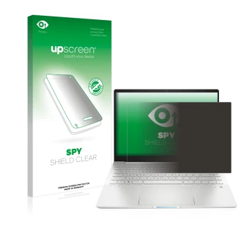 Parte frontal de un envase de producto con el logotipo de la marca upscreen. Al lado se muestra el dispositivo HP Pavilion Plu
