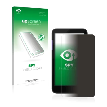 Parte frontal de un envase de producto con el logotipo de la marca upscreen. Al lado se muestra el dispositivo Zettle Terminal