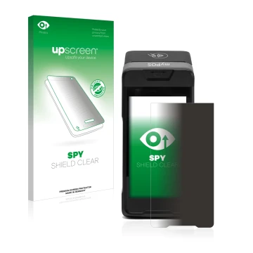 Parte frontal de un envase de producto con el logotipo de la marca upscreen. Al lado se muestra el dispositivo myPOS Carbon co