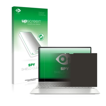 Parte frontal de un envase de producto con el logotipo de la marca upscreen. Al lado se muestra el dispositivo HP Envy x360 2-