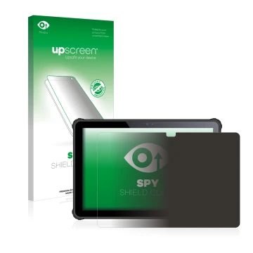 Parte frontal de un envase de producto con el logotipo de la marca upscreen. Al lado se muestra el dispositivo Oukitel RT2 con