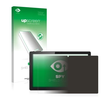 Parte frontal de un envase de producto con el logotipo de la marca upscreen. Al lado se muestra el dispositivo Acer ACTAB1422 