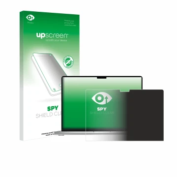 Parte frontal de un envase de producto con el logotipo de la marca upscreen. Al lado se muestra el dispositivo Apple MacBook P
