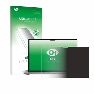 Parte frontal de un envase de producto con el logotipo de la marca upscreen. Al lado se muestra el dispositivo Apple MacBook P