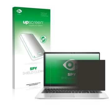 Parte frontal de un envase de producto con el logotipo de la marca upscreen. Al lado se muestra el dispositivo HP EliteBook 65
