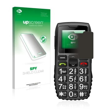 Parte frontal de un envase de producto con el logotipo de la marca upscreen. Al lado se muestra el dispositivo artfone C1 + co