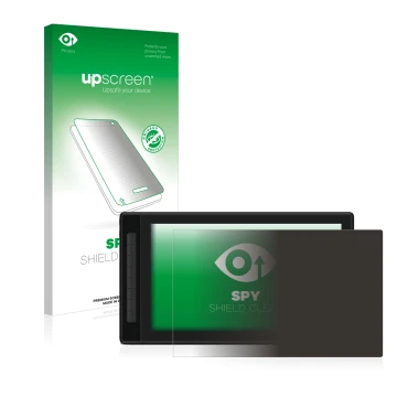 Parte frontal de un envase de producto con el logotipo de la marca upscreen. Al lado se muestra el dispositivo Huion Kamvas Pr