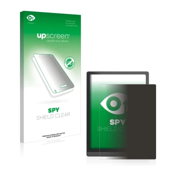 Parte frontal de un envase de producto con el logotipo de la marca upscreen. Al lado se muestra el dispositivo Boox Tab X con 