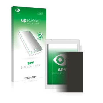 Parte frontal de un envase de producto con el logotipo de la marca upscreen. Al lado se muestra el dispositivo Boox Nova Air 2