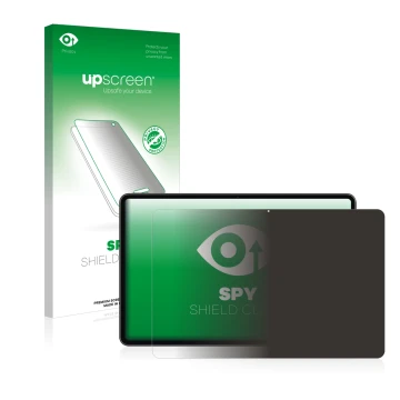 Parte frontal de un envase de producto con el logotipo de la marca upscreen. Al lado se muestra el dispositivo Huawei MateBook