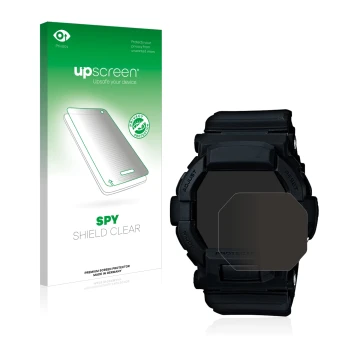 Parte frontal de un envase de producto con el logotipo de la marca upscreen. Al lado se muestra el dispositivo Casio G-Shock G