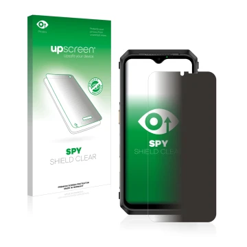 Parte frontal de un envase de producto con el logotipo de la marca upscreen. Al lado se muestra el dispositivo Ulefone Power A