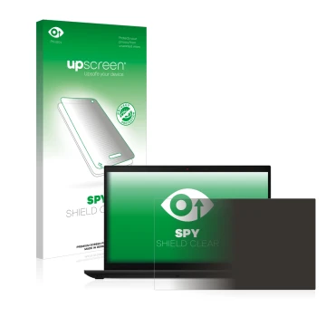 Parte frontal de un envase de producto con el logotipo de la marca upscreen. Al lado se muestra el dispositivo Lenovo ThinkPad