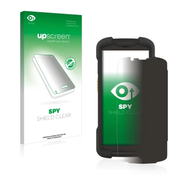 Parte frontal de un envase de producto con el logotipo de la marca upscreen. Al lado se muestra el dispositivo Zebra TC73 con 
