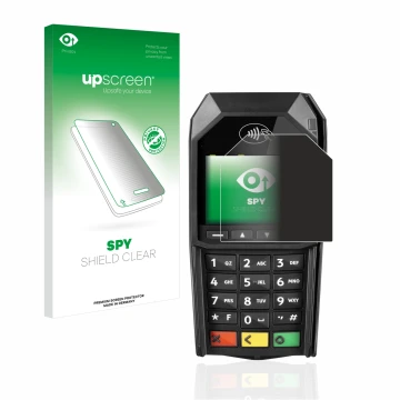 Parte frontal de un envase de producto con el logotipo de la marca upscreen. Al lado se muestra el dispositivo ingenico Desk/1