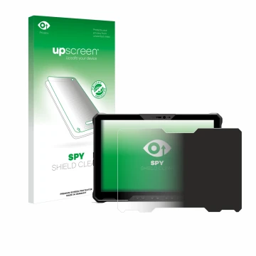 Parte frontal de un envase de producto con el logotipo de la marca upscreen. Al lado se muestra el dispositivo Dell Latitude 7