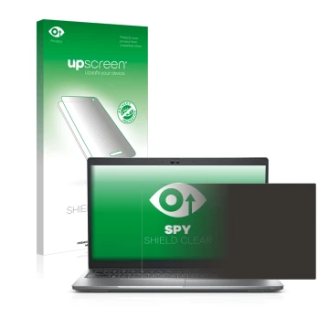 Parte frontal de un envase de producto con el logotipo de la marca upscreen. Al lado se muestra el dispositivo Dell Latitude 5
