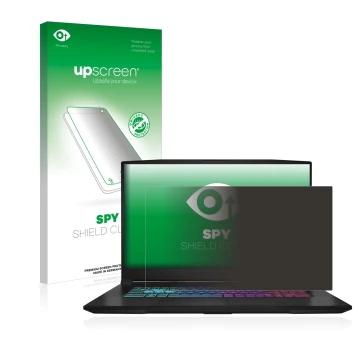 Parte frontal de un envase de producto con el logotipo de la marca upscreen. Al lado se muestra el dispositivo MSI Katana 17 B