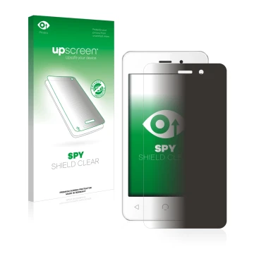 Parte frontal de un envase de producto con el logotipo de la marca upscreen. Al lado se muestra el dispositivo NUU Mobile A1 c