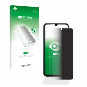 Parte frontal de un envase de producto con el logotipo de la marca upscreen. Al lado se muestra el dispositivo Samsung Galaxy 