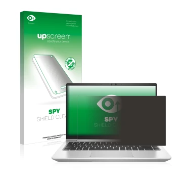 Parte frontal de un envase de producto con el logotipo de la marca upscreen. Al lado se muestra el dispositivo HP ProBook 445 