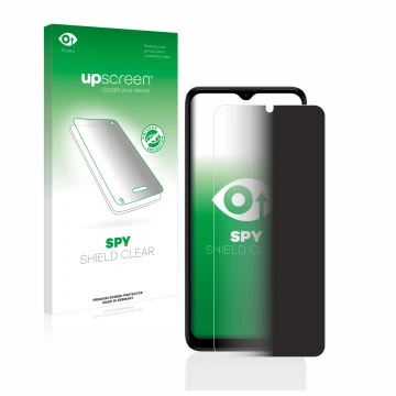 Parte frontal de un envase de producto con el logotipo de la marca upscreen. Al lado se muestra el dispositivo Nokia G22 con s