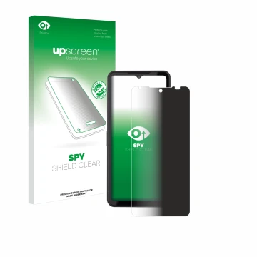 Parte frontal de un envase de producto con el logotipo de la marca upscreen. Al lado se muestra el dispositivo Caterpillar Cat