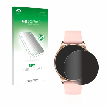 Parte frontal de un envase de producto con el logotipo de la marca upscreen. Al lado se muestra el dispositivo Levowatch F2 co