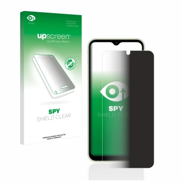 Parte frontal de un envase de producto con el logotipo de la marca upscreen. Al lado se muestra el dispositivo Samsung Galaxy 