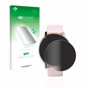 Parte frontal de un envase de producto con el logotipo de la marca upscreen. Al lado se muestra el dispositivo Hama Fit Watch 