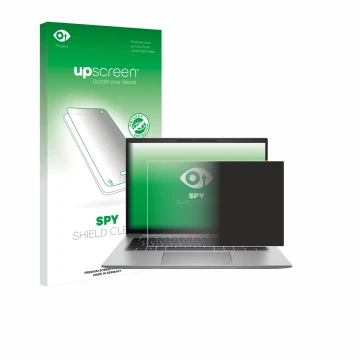 Parte frontal de un envase de producto con el logotipo de la marca upscreen. Al lado se muestra el dispositivo HP Zbook Firefl