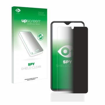 Parte frontal de un envase de producto con el logotipo de la marca upscreen. Al lado se muestra el dispositivo Beafon M6s prem