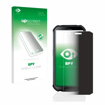 Parte frontal de un envase de producto con el logotipo de la marca upscreen. Al lado se muestra el dispositivo Doogee S41 con 