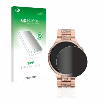 Parte frontal de un envase de producto con el logotipo de la marca upscreen. Al lado se muestra el dispositivo Michael Kors Ca