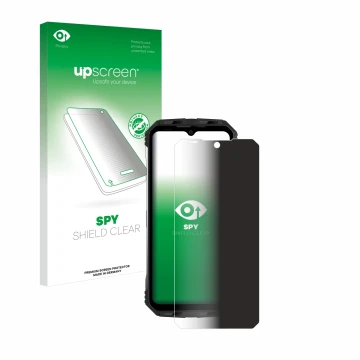 Parte frontal de un envase de producto con el logotipo de la marca upscreen. Al lado se muestra el dispositivo Doogee S100 con